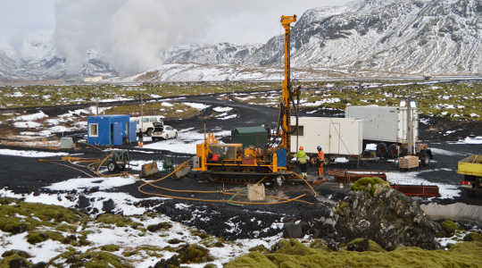 The test site in Iceland where gases from a geothermal power plant are pumped underground and converted into minerals by reacting with basalt stone. Juerg Matter , Author provided